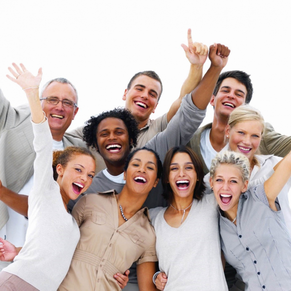 Happy business people laughing against white background