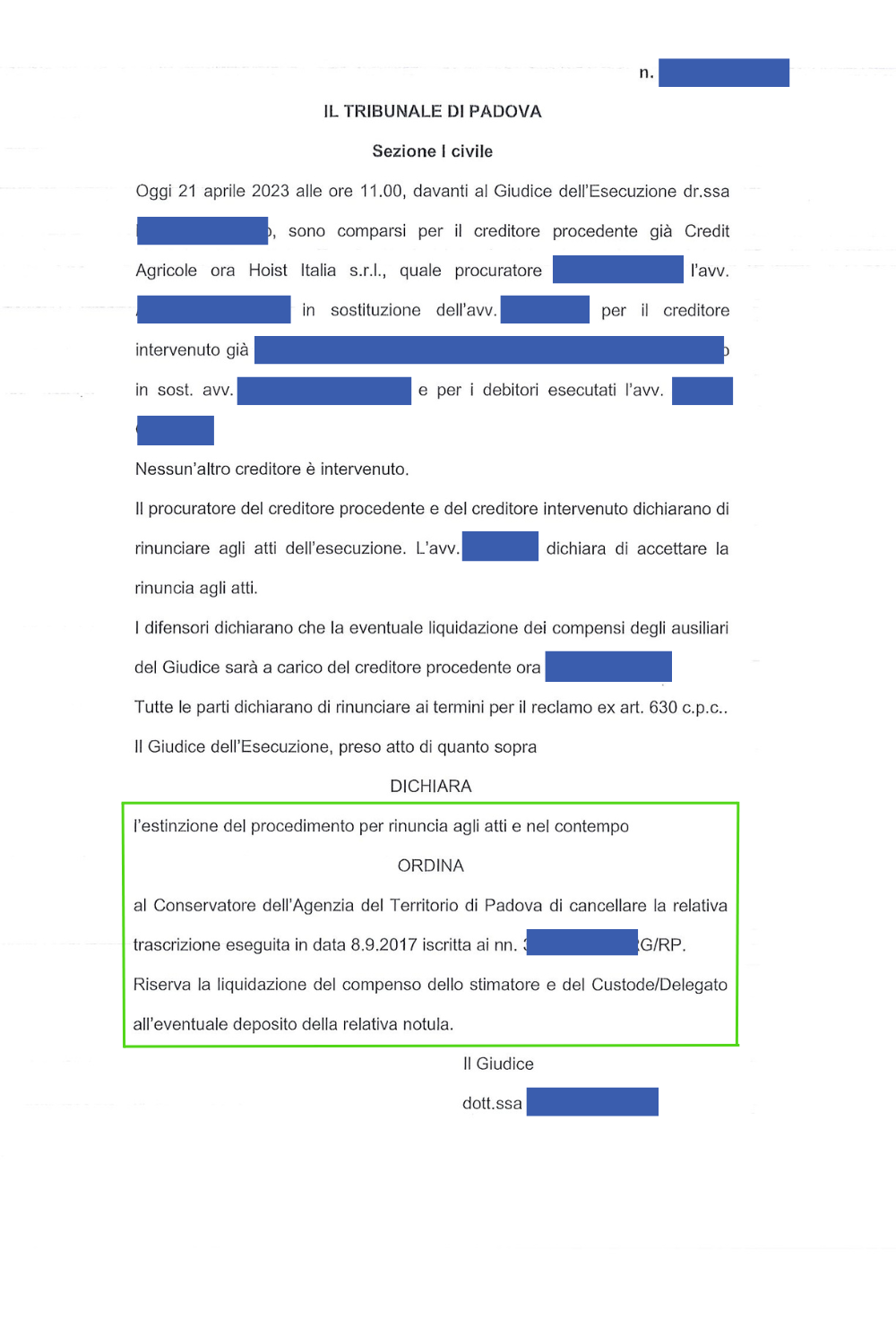 provvedimento di estinzione del debito