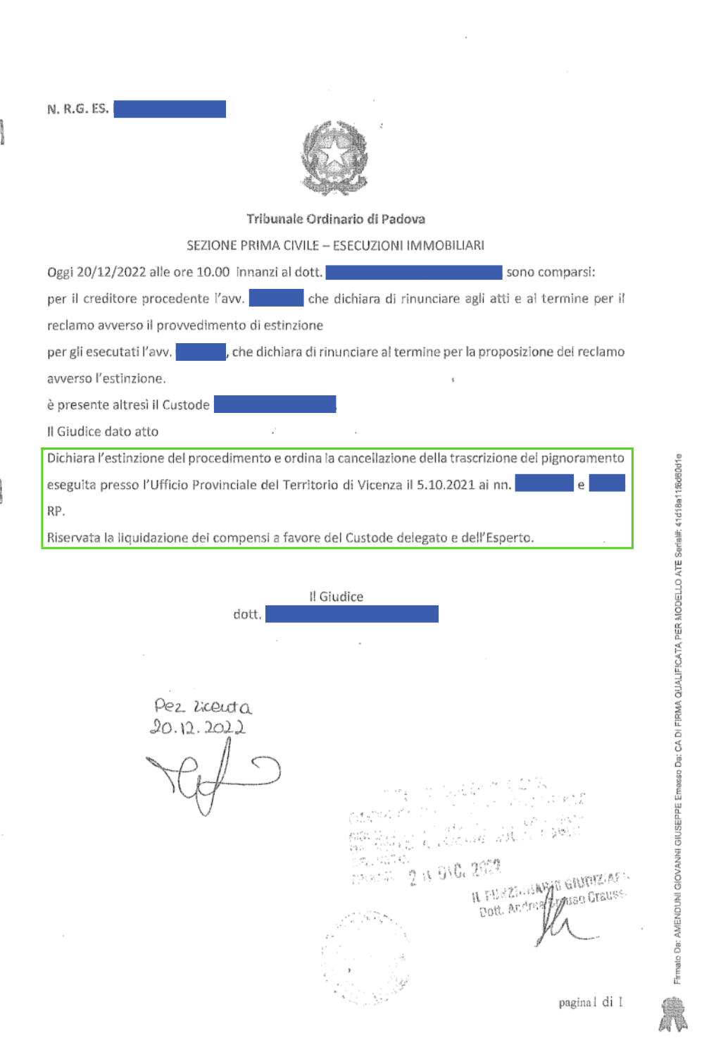 provvedimento di estinzione del debito