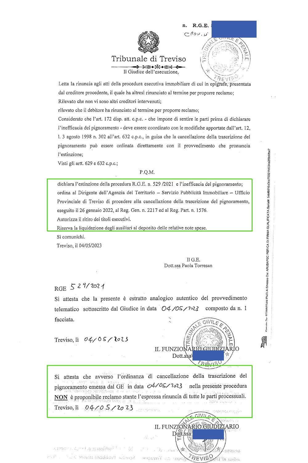 provvedimento di estinzione del debito