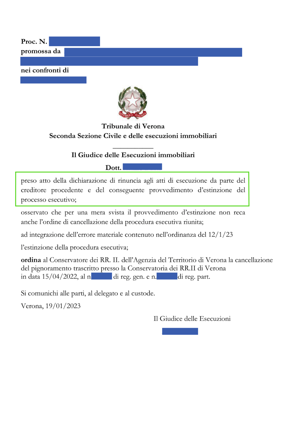 provvedimento di estinzione del debito