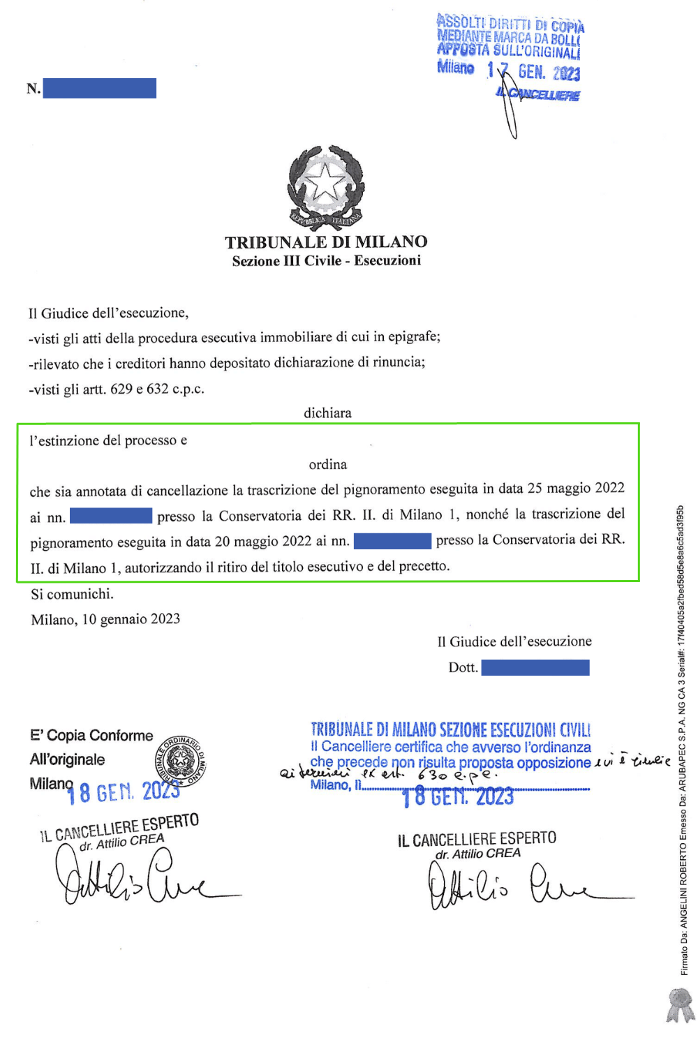 provvedimento di estinzione del debito